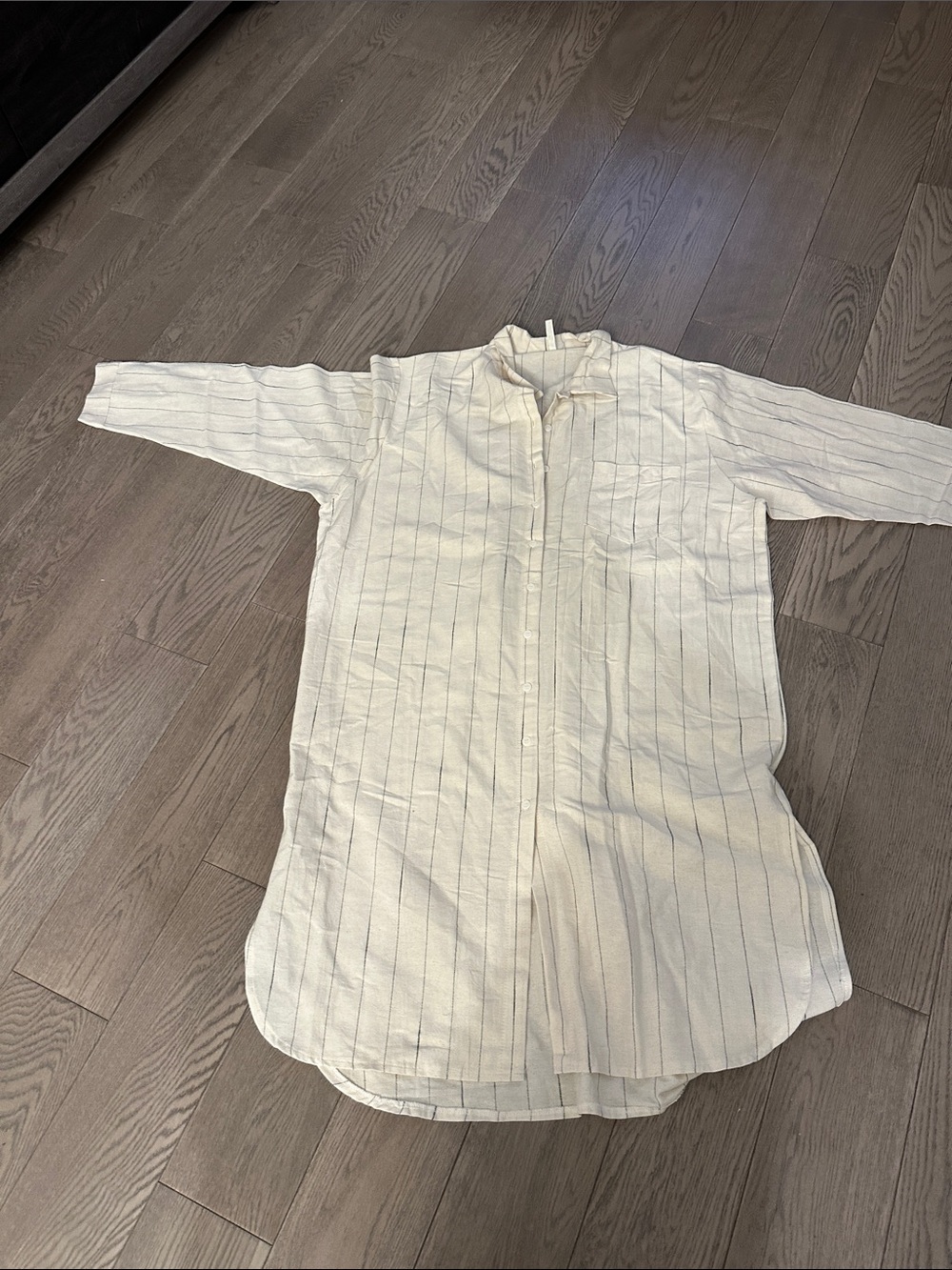 Women Long Stripe Button-Up Shirt Jacket in Off-White shirt dress